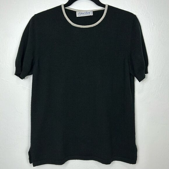 Richard Grand Black Cashmere Short Sleeve Contrast Crew Neck Sweater Size M - Picture 1 of 7